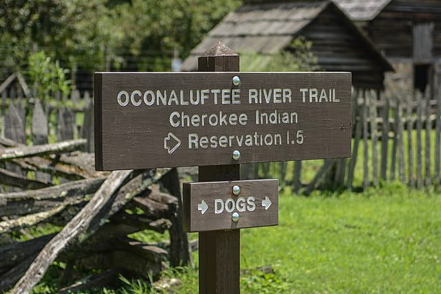 oconaluftee river trail sign, summer 