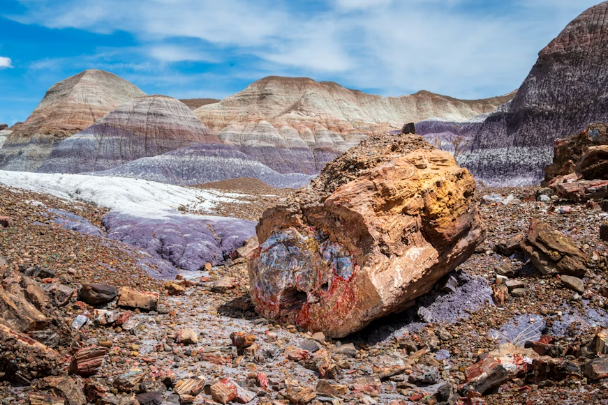 Close-up of petrified wood showing vibrant quartz and jasper colors at Petrified Forest National Park Arizona