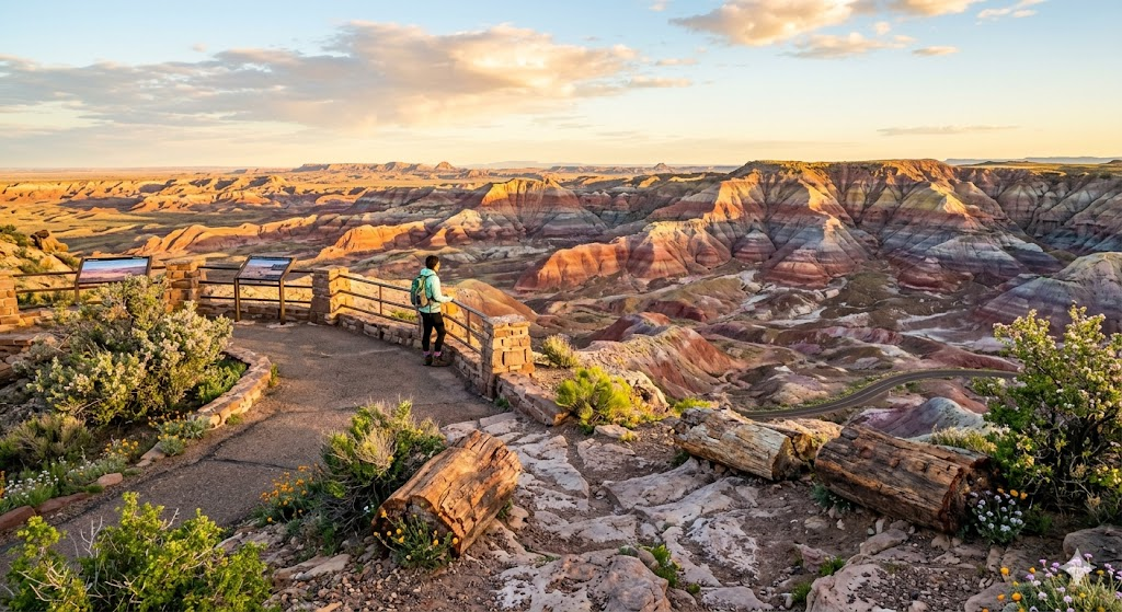 Painted Desert at Petrified Forest National Park during spring with colorful pink and purple badlands
