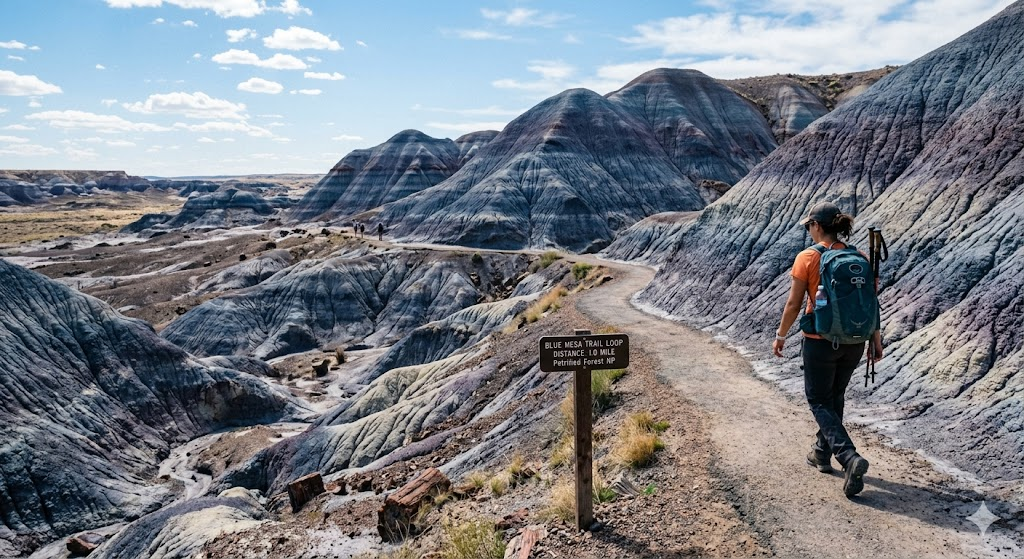 Hiker on Blue Mesa Trail loop at Petrified Forest National Park surrounded by blue and gray banded badlands