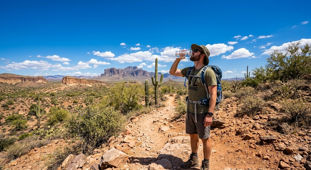 Hiker staying hydrated on desert trail at Petrified Forest National Park Arizona summer safety tip