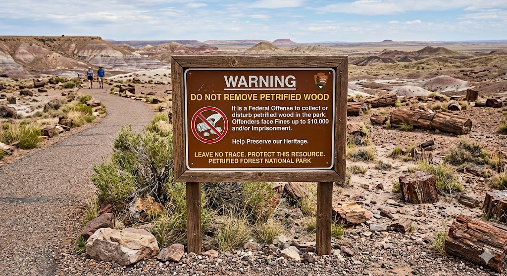 Do not remove petrified wood warning sign at Petrified Forest National Park Arizona