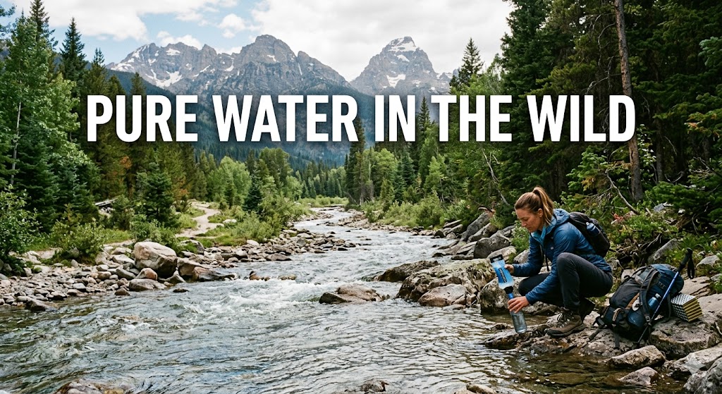 Hiker using a water filter to safely drink stream water in a national park wilderness area