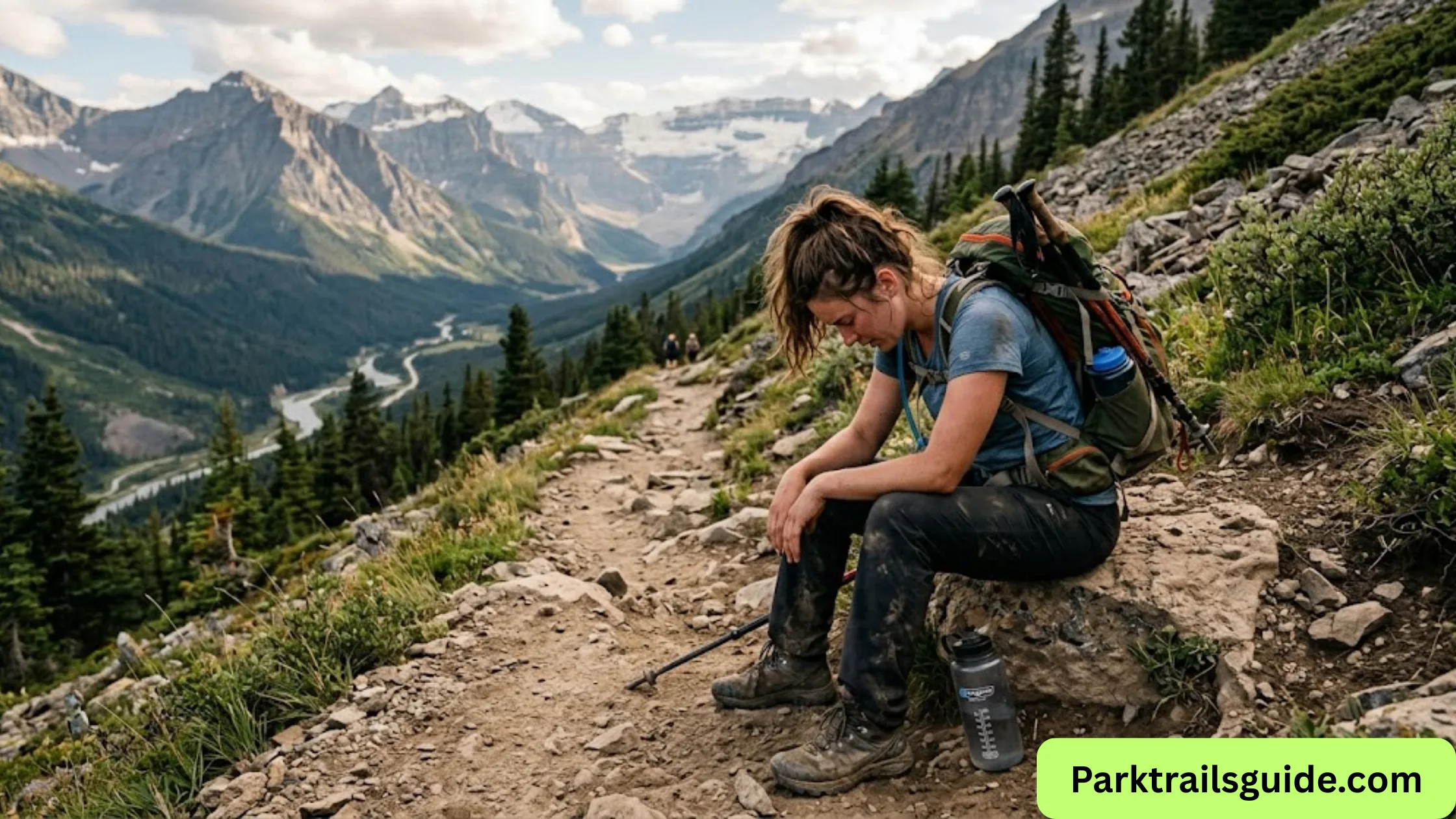 Exhausted hiker resting on a national park trail after being unable to finish the hike