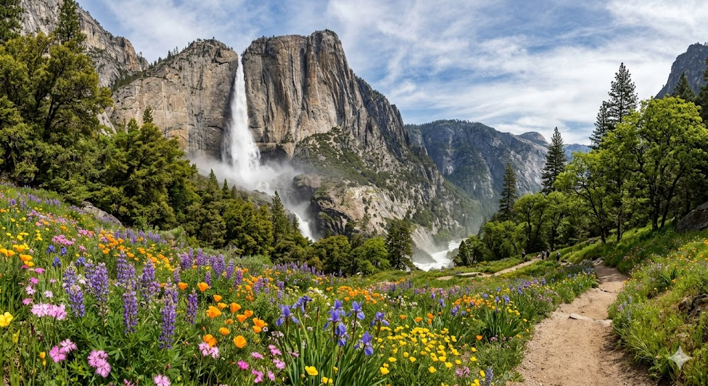 Powerful Yosemite Falls in spring, one of the best seasons for waterfall viewing in Yosemite National Park