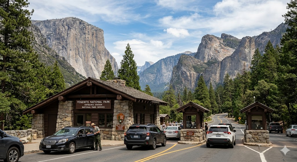 Welcome sign at Yosemite National Park entrance for visitors arriving by ca