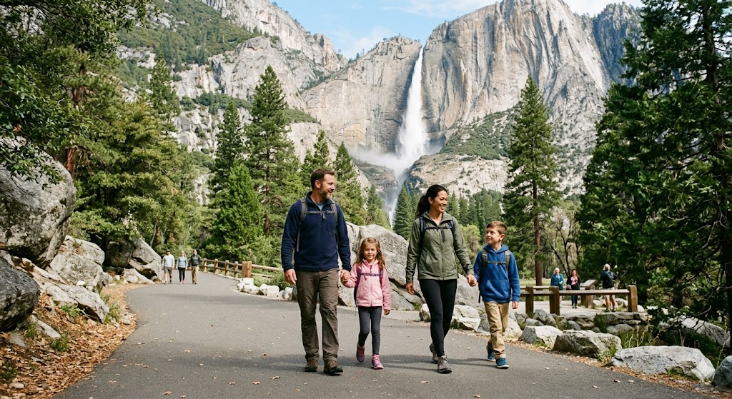 Beginner-friendly paved trail to Lower Yosemite Fall suitable for families and first-timers