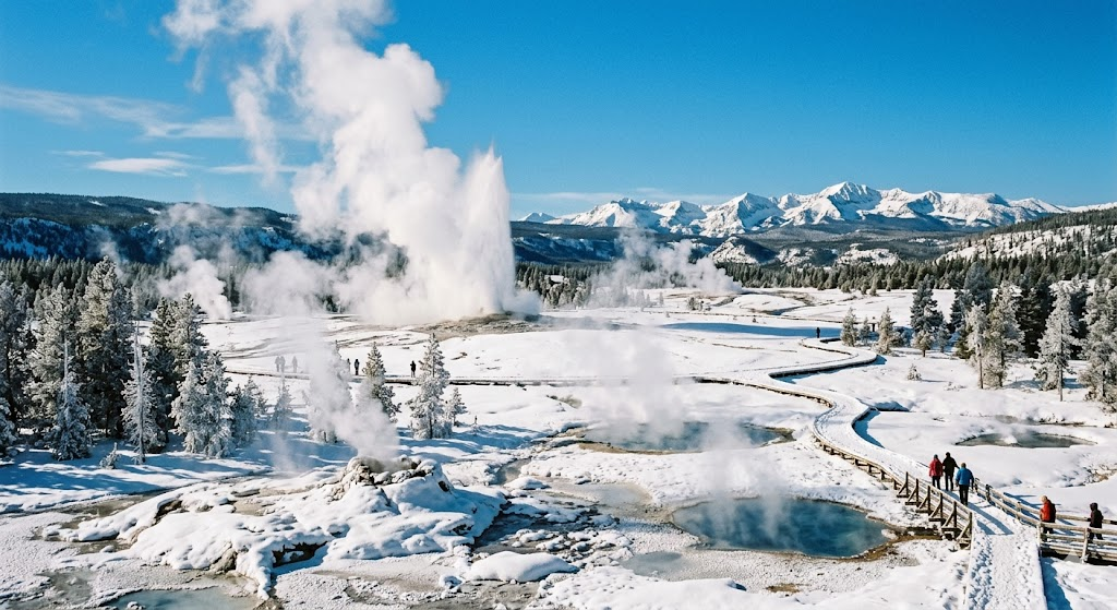 Yellowstone National Park winter landscape with steaming thermal features and snow