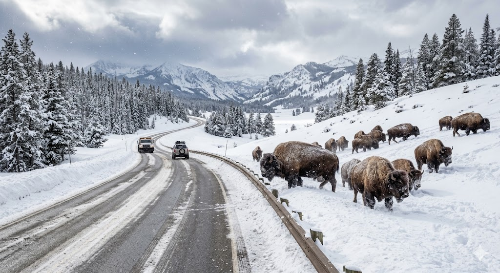 Winter driving conditions on Yellowstone's Northern Range road with wildlife