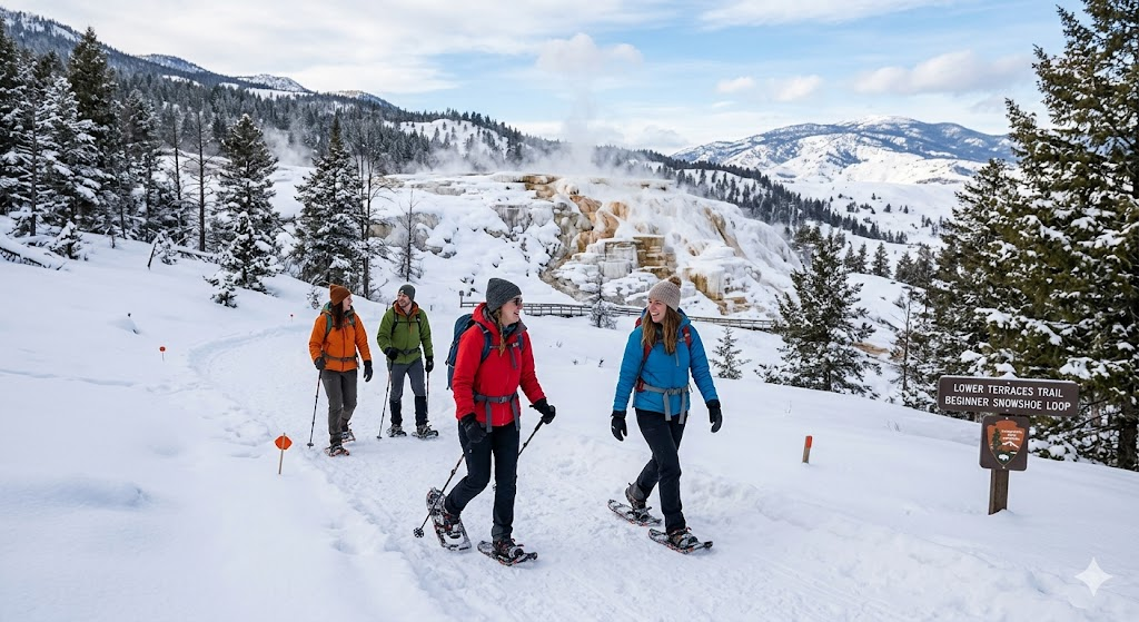 Beginners snowshoeing on easy trail in Yellowstone National Park winter