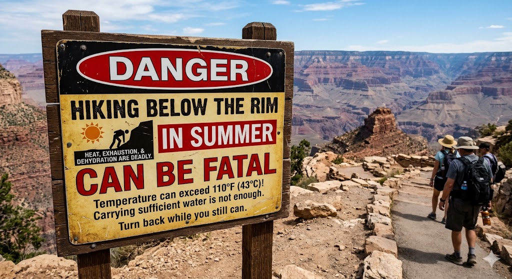 Grand Canyon summer heat warning sign at Bright Angel Trail trailhead