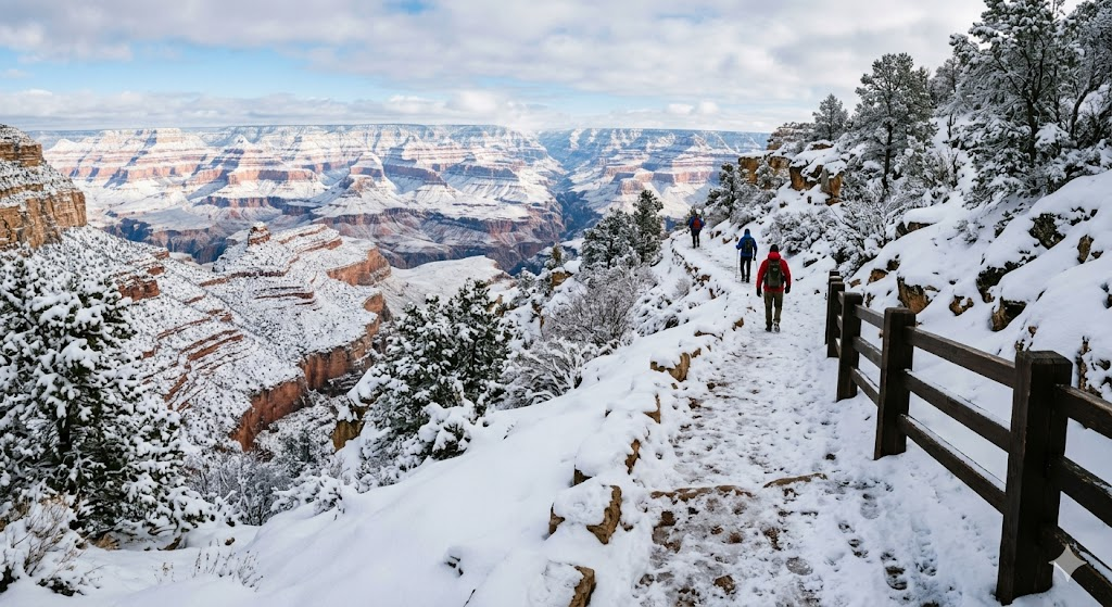 Grand Canyon South Rim covered in snow during winter months, icy trail conditions