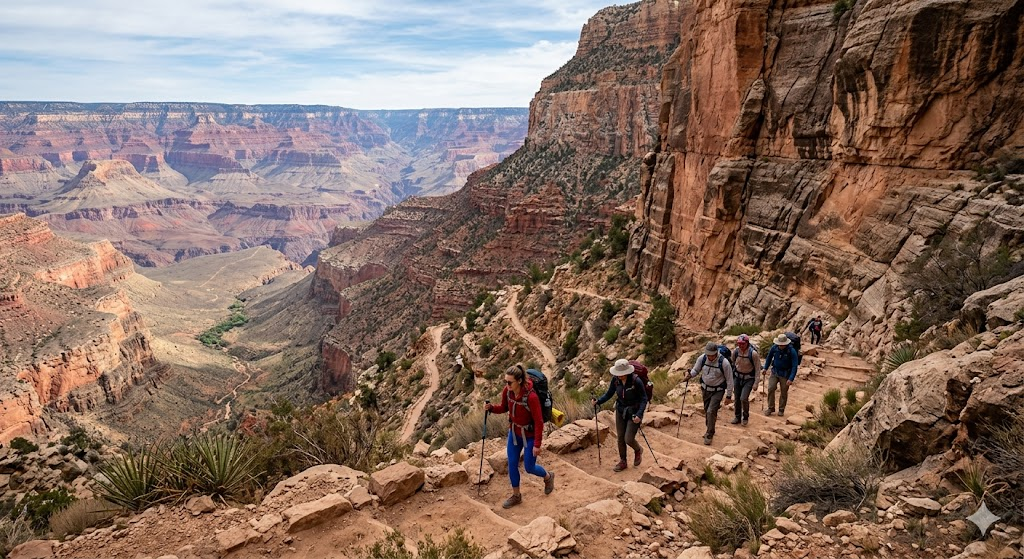 Beginner hikers on Bright Angel Trail Grand Canyon with red canyon walls in background