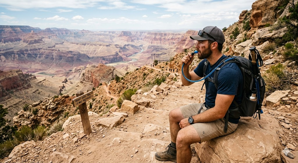 Hiker hydrating on Grand Canyon trail in summer with water bottle and backpack