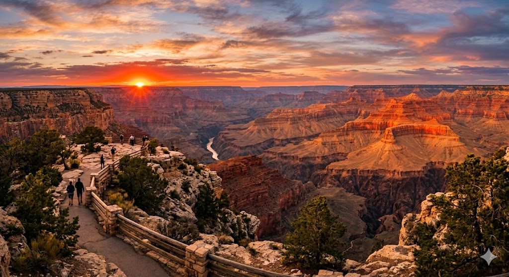 Grand Canyon South Rim sunset in golden hour light in October fall season