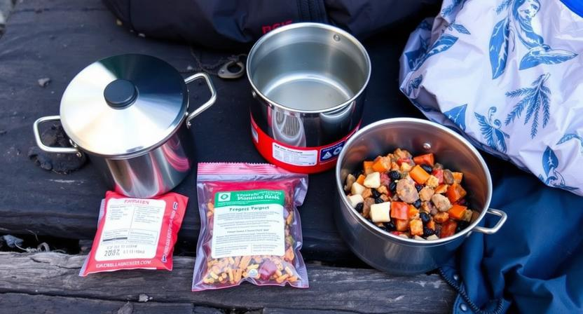 lightweight hiking kitchen gear titanium pot stove and freeze-dried food for backpacking