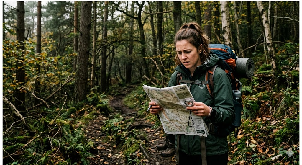 Lost hiker checking trail map inside a national park forest