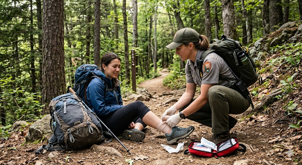 National park ranger helping an injured hiker during a trail emergency