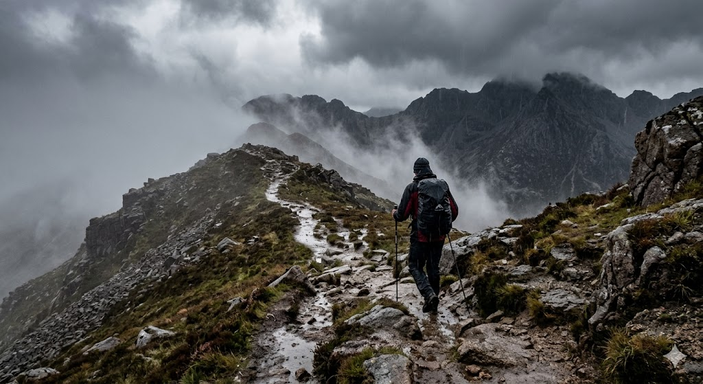 Dangerous mountain hiking trail during heavy rain and fog