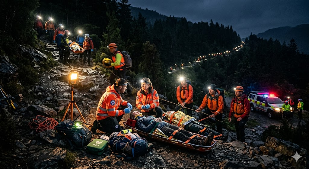 Stranded hikers staying overnight on a dark national park trail