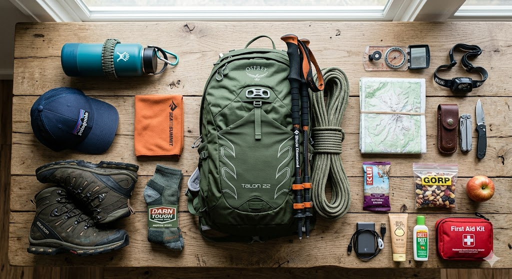 Essential hiking safety items including map flashlight first aid kit and water bottle