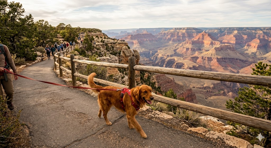 “Dog walking on the Rim Trail at Grand Canyon National Park”