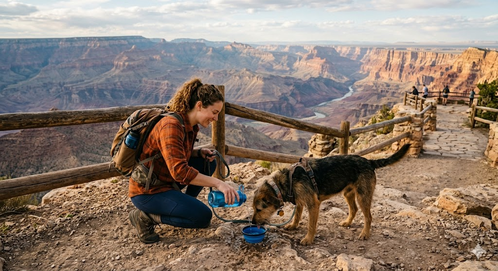 “Dog drinking water during Grand Canyon National Park visit”