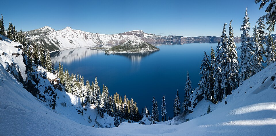 Panoramic winter view of Crater Lake in Crater Lake National Park, Oregon, from Rim Village