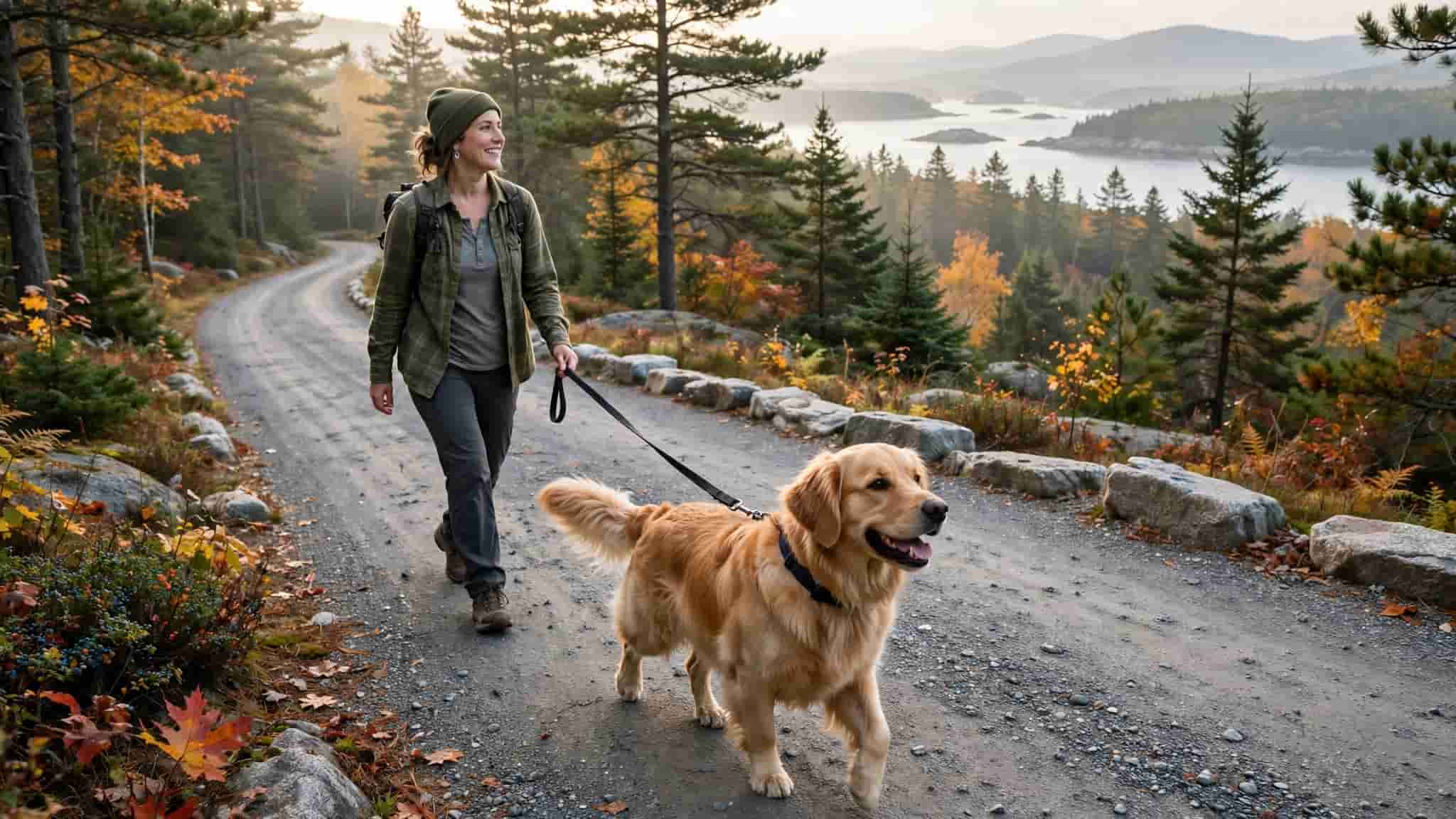 is acadia national park dog friendly - woman walking golden retriever on carriage road